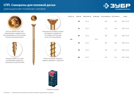 ЗУБР СПП, 60 х 3.2 мм, TX10, цинк, 100 шт, саморез для половой доски и паркета, Профессионал (30071-32-60) купить в Екатеринбурге