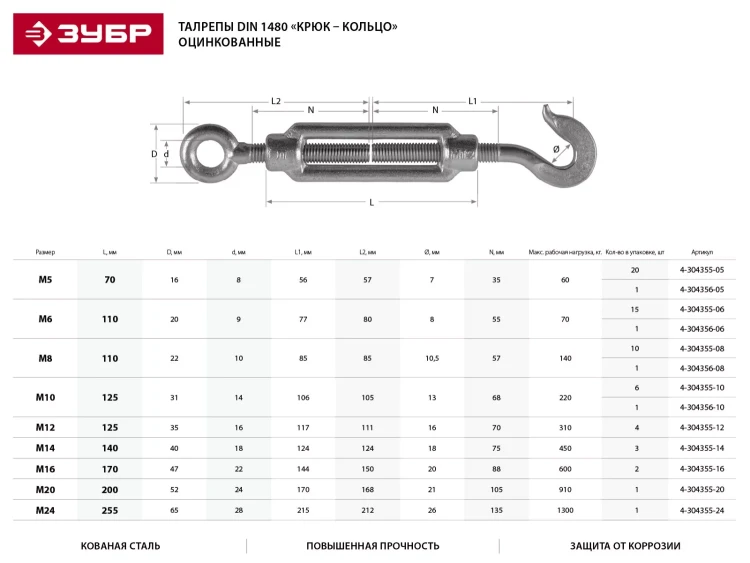 Талреп ЗУБР "ПРОФЕССИОНАЛ"  DIN 1480, крюк-кольцо, оцинкованный, кованая натяжная муфта, М24, 1 шт 4-304355-24 купить в Екатеринбурге