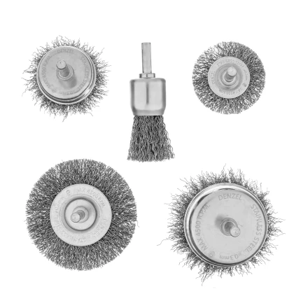 Набор щеток для дрели Denzel, 2 Плоские 50-75мм, 3 Чашки 25-50-75мм, шпилька,  нерж.вит. проволока 74493 купить в Екатеринбурге