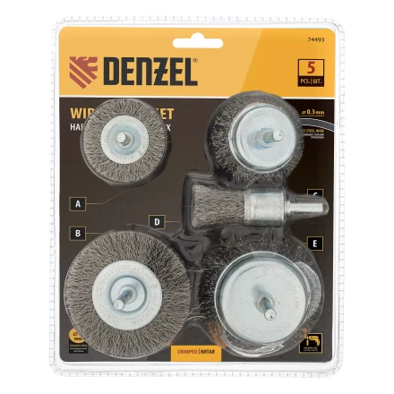 Набор щеток для дрели Denzel, 2 Плоские 50-75мм, 3 Чашки 25-50-75мм, шпилька,  нерж.вит. проволока 74493 купить в Екатеринбурге