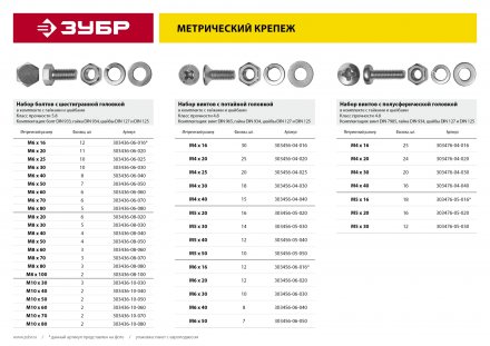 Винт (DIN965) в комплекте с гайкой (DIN934), шайбой (DIN125), шайбой пруж. (DIN127), M6 x 20 мм, 12 шт, ЗУБР 303456-06-020 купить в Екатеринбурге