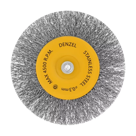 Щетка для дрели Denzel 100 мм, плоская, со шпилькой, нержавеющая витая проволока, 744793 купить в Екатеринбурге