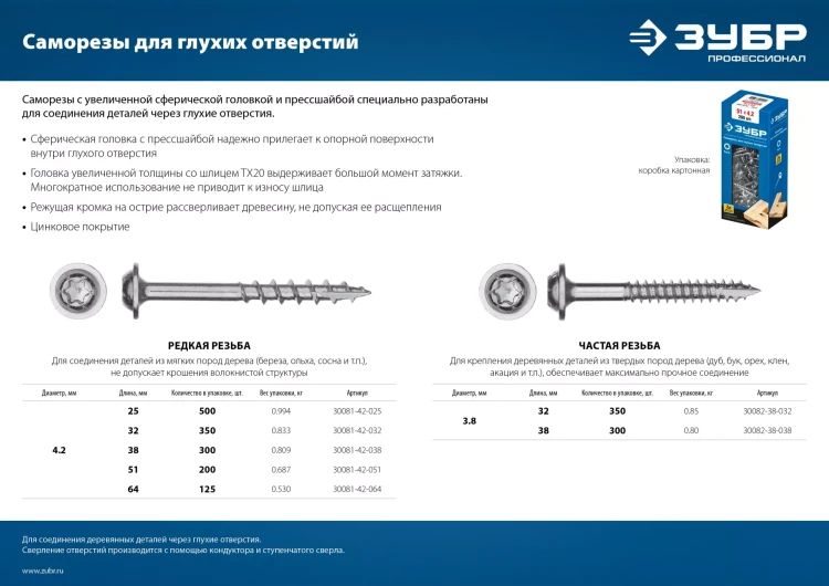 ЗУБР 51 х 4.2 мм, редкая резьба, ТХ20, цинк, 200 шт, саморез для глухих отверстий, Профессионал (30081-42-051) купить в Екатеринбурге