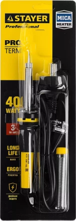 Паяльник PROTerm с двухкомпонентной рукояткой, в комплекте с припоем и подставкой, жало - конус, STAYER Professional 55300-40, 40 Вт 55300-40 купить в Екатеринбурге