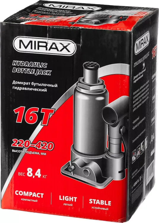 Домкрат гидравлический бутылочный, 16т, 220-420 мм, MIRAX 43260-16 43260-16 купить в Екатеринбурге