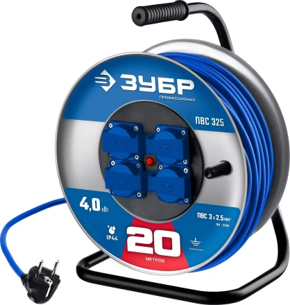 ЗУБР ПВС-325, ПВС, 3 x 2.5 мм2, 20 м, 4000 Вт, IP44, силовой удлинитель на стальной катушке, Профессионал (55102-20) купить в Екатеринбурге