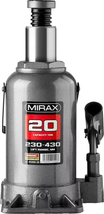 Домкрат гидравлический бутылочный, 20т, 230-430 мм, MIRAX 43260-20 43260-20 купить в Екатеринбурге