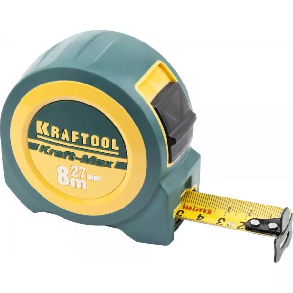 Рулетка KRAFTOOL "Kraft-Max", длинный вылет, нейлон покрытие, упрочненный двухкомп корпус, 8м/27мм 34127-08-27 купить в Екатеринбурге