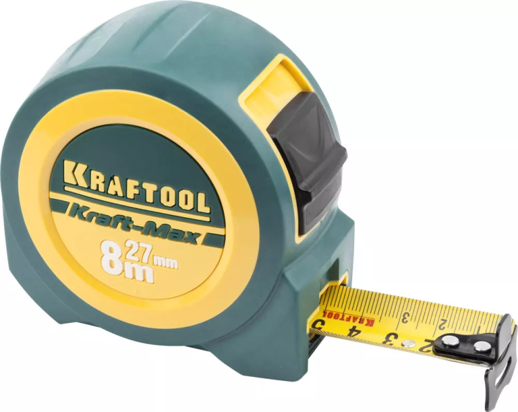 Рулетка KRAFTOOL "Kraft-Max", длинный вылет, нейлон покрытие, упрочненный двухкомп корпус, 8м/27мм 34127-08-27 купить в Екатеринбурге