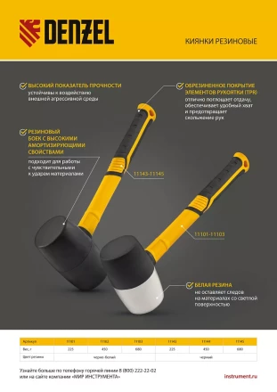 Киянка резиновая, 225 г, черно-белая, фибергласовая рукоятка c TPR покрытием Denzel 11101 купить в Екатеринбурге