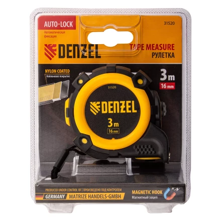 Рулетка Denzel 3м х 16мм, автоматич. фиксац., нейлон. покрытие, магнит. зацеп, двухстор. разметка, 31520 купить в Екатеринбурге