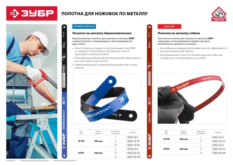 Полотно ЗУБР "МАСТЕР" по металлу 24 TPI  (шаг 1.0мм), Универсальное, 10шт 15853-24-10 купить в Екатеринбурге