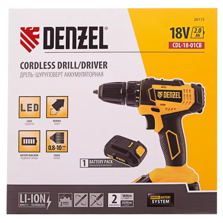 Дрель-шуруповерт аккумуляторная Denzel 26115, CDL-18-01CB, Li-Ion, 18 В, 1 аккумулятор купить в Екатеринбурге