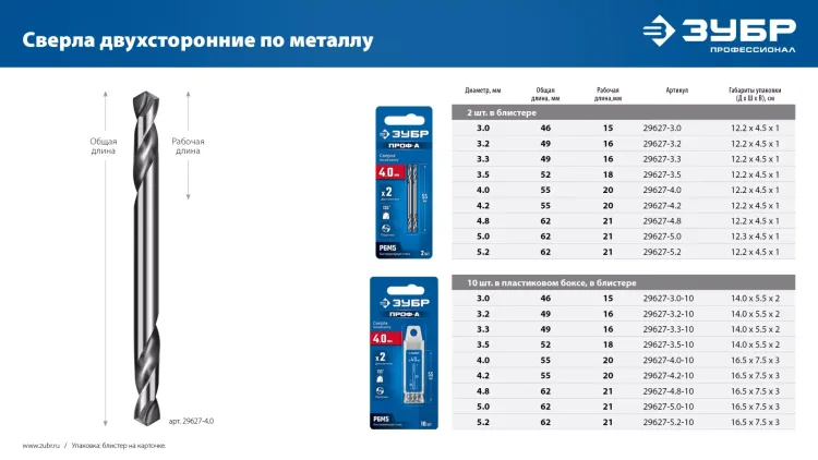 ЗУБР Профессионал 4.0х55мм, Сверло двухстороннее по металлу Проф-А, сталь Р6М5, класс А купить в Екатеринбурге