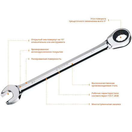 ЗУБР 27 мм, комбинированный трещоточный гаечный ключ, Профессионал (27074-27) купить в Екатеринбурге