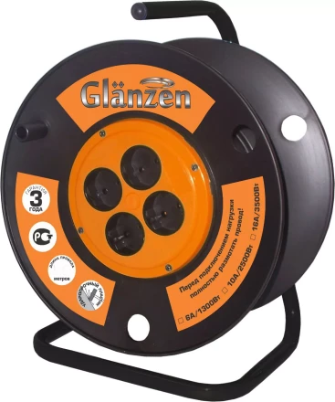 Катушка без провода GLANZEN 4 штепсельных гнезда с заземлением Ф210мм EK-00-210 купить в Екатеринбурге