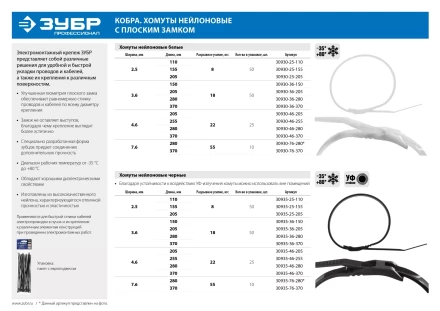 Кабельные стяжки белые КОБРА, с плоским замком, 2.5 х 155 мм, 50 шт, нейлоновые, ЗУБР 30930-25-155 купить в Екатеринбурге