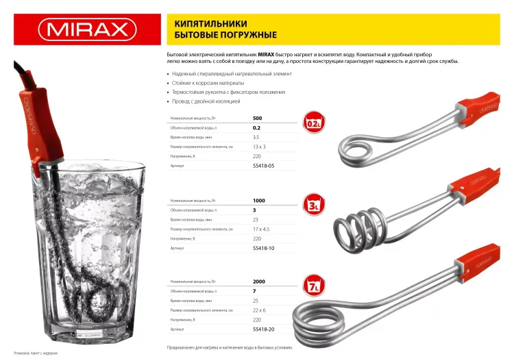 Кипятильник MIRAX, 1000 Вт, 220В 55418-10 купить в Екатеринбурге