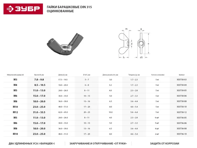 Гайка ЗУБР "МАСТЕР" барашковая, DIN 315, оцинкованная, M6, 5кг 303730-06 купить в Екатеринбурге