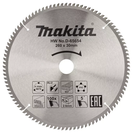 Диск пильный универсальный для алюминия/дерева/пластика Makita D-65654, 260x30x1.8 мм; 100 зубьев купить в Екатеринбурге