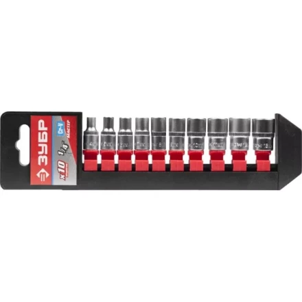 Набор ЗУБР &quot;МАСТЕР&quot;: Торцовые головки (1/4&quot;) на пластиковом рельсе, Cr-V, 4-13мм, 10 предметов 27656-H10 купить в Екатеринбурге