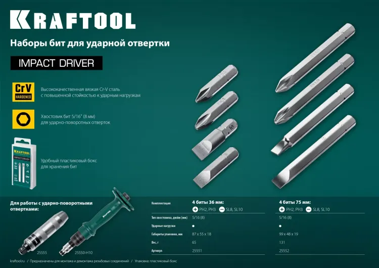 Биты для ударно-поворотных отверток KRAFTOOL 25551 купить в Екатеринбурге