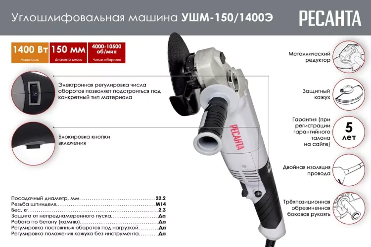 Углошлифовальная машина (болгарка) Ресанта УШМ-150/1400Э 75/12/7 купить в Екатеринбурге