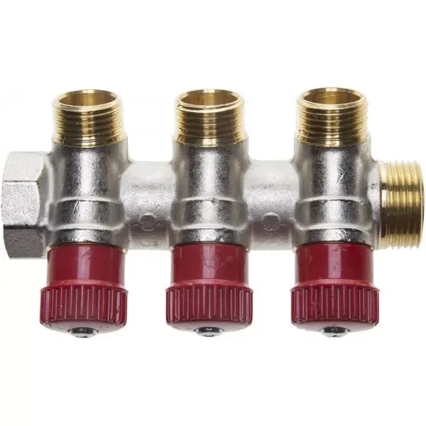 Коллектор GENERAL FITTINGS для горячей воды, вентили, никелированная латунь, вход 3/4" - 3 выхода 1/2" 51046-3/4-1/2-HT3 купить в Екатеринбурге