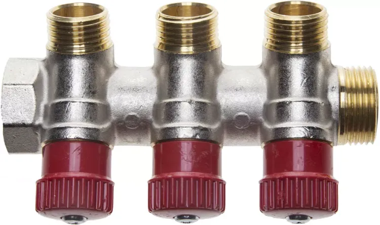 Коллектор GENERAL FITTINGS для горячей воды, вентили, никелированная латунь, вход 3/4" - 3 выхода 1/2" 51046-3/4-1/2-HT3 купить в Екатеринбурге