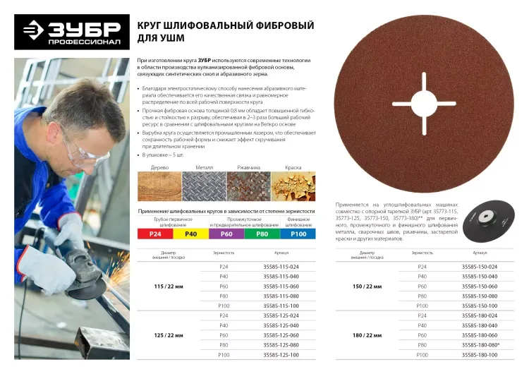 Круг шлифовальный ЗУБР "ПРОФИ" фибровый, для УШМ, P80, 125х22мм, 5 листов 35585-125-080 купить в Екатеринбурге