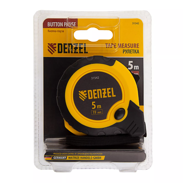 Рулетка Denzel 5м х 19мм, двухкомп. корпус, кнопка-пауза, 31542 купить в Екатеринбурге