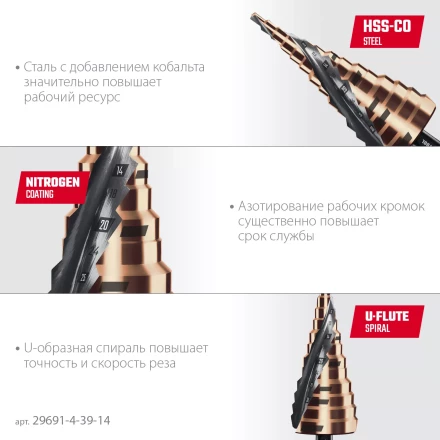 Ступенчатые сверла, сталь c кобальтом, спиральная проточка, 3Т хвостовик 29691-4-39-14 купить в Екатеринбурге