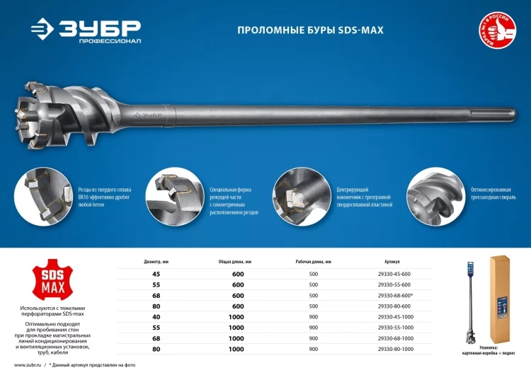 ЗУБР 80 х 500/600 мм, SDS-max проломной бур, Профессионал (29330-80-600) купить в Екатеринбурге