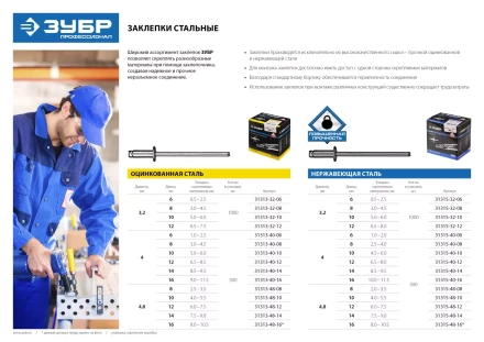 Заклепки ЗУБР стальные, 4,0x14мм, 500шт 31313-40-14 купить в Екатеринбурге