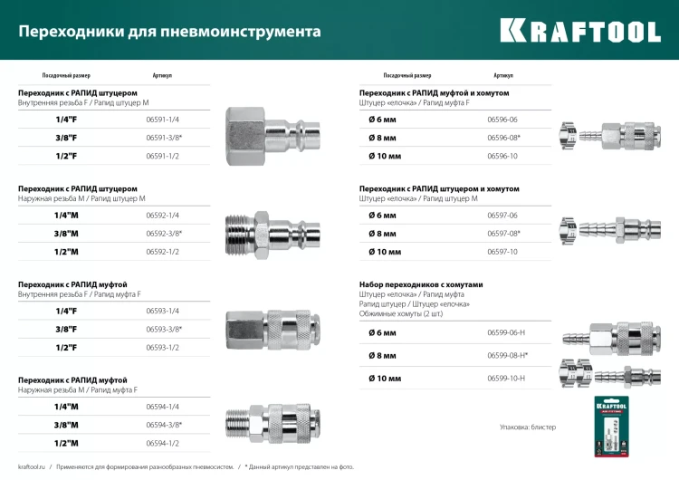 Набор переходников KRAFTOOL елочка - рапид штуцер  +  рапид муфта - елочка 06599-10-H купить в Екатеринбурге