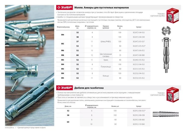 ЗУБР МОЛЛИ, М8 х 80 х 13 мм, 35 шт, анкер для пустотелых конструкций (302472-08-080) купить в Екатеринбурге