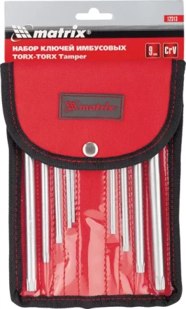 Набор ключей шестигранных имбусовых TORX-TORX Tamper, 9 шт:T10-T50, CrV,  удлиненные, сатин., чехол  MATRIX 12313 купить в Екатеринбурге