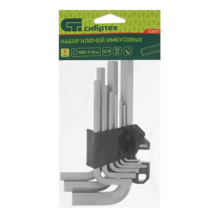Набор ключей имбусовых, HEX, 2-12 мм, CrV, 9 шт. Сибртех 123677 купить в Екатеринбурге