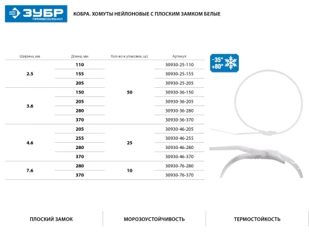 Кабельные стяжки белые КОБРА, с плоским замком, 7.6 х 370 мм, 10 шт, нейлоновые, ЗУБР 30930-76-370 купить в Екатеринбурге