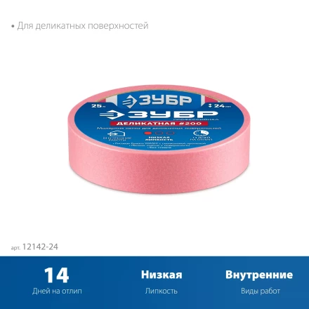 ЗУБР №200 24 мм х 25 м, для деликатных и недавно окрашенных поверхностей, малярная лента, Профессионал (12142-24) купить в Екатеринбурге