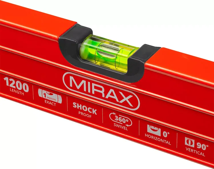 Уровень коробчатый усиленный MIRAX, утолщенный профиль, 3 противоударных ампулы (1 поворотная на 360 град), с ручками, 120 см 34603-120 купить в Екатеринбурге