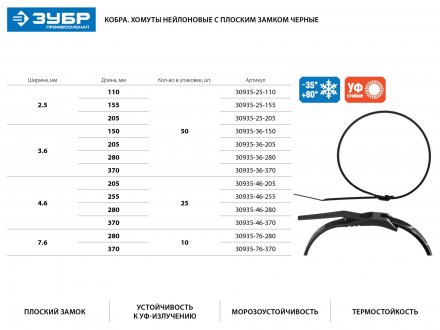 Кабельные стяжки черные КОБРА, с плоским замком, 2.5 х 155 мм, 50 шт, нейлоновые, ЗУБР 30935-25-155 купить в Екатеринбурге
