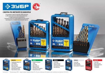 ЗУБР Кобальт, 99 шт, (1-10 мм), сталь Р6М5К5, класс А, мет.бокс, набор сверл по металлу, Профессионал (29626-H99) купить в Екатеринбурге