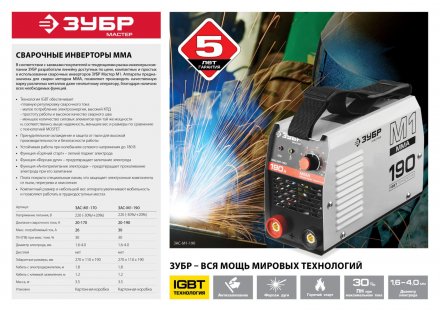 Сварочный инвертор ММА ЗАС-М1-190 серия МАСТЕР купить в Екатеринбурге