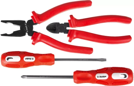 Набор слесарно-монтажного инструмента ЗУБР &quot;МАСТЕР&quot;: 2 отвертки, плоскогубцы и бокорезы, 4 предмета 22015-H4 купить в Екатеринбурге