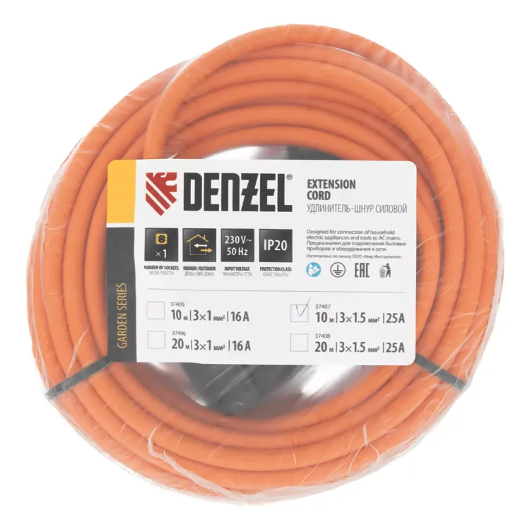 Удлинитель-шнур силовой Denzel Garden Series, ПВС, 10м, 1 розетка 3 x 1,5 мм, 3 м 37407 купить в Екатеринбурге