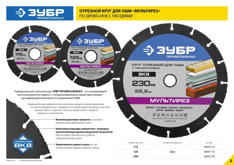 Отрезной круг "МУЛЬТИРЕЗ-ВК8" для УШМ, 230х22,2мм, ЗУБР 36859-230 купить в Екатеринбурге