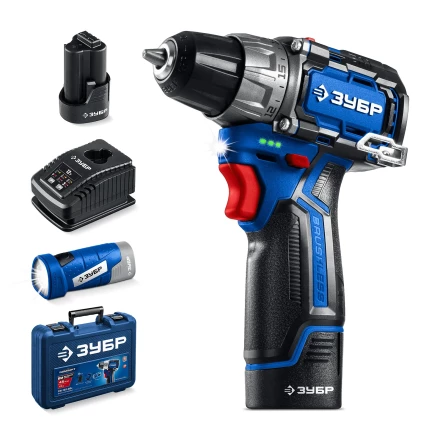 ЗУБР КОМПАКТ #4, набор: дрель-шуруповерт + LED фонарь, BRUSHLESS, 12 В, 45 Н·м, 2 АКБ тип Т7 (2 А·ч), кейс, Профессионал (DB-121-22F) купить в Екатеринбурге