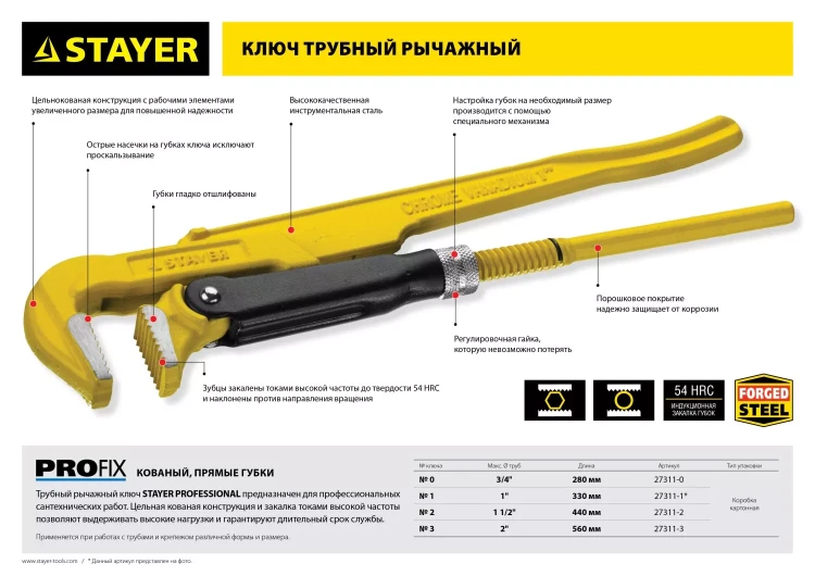 Ключ трубный STAYER "PROFI" рычажный, кованый, прямые губки, № 0, 3/4" 27311-0 купить в Екатеринбурге