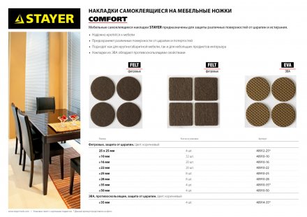 Накладки STAYER &quot;COMFORT&quot; на мебельные ножки, самоклеящиеся, фетровые, коричневые, квадратные - 25*25 мм, 4 шт 40912-25 купить в Екатеринбурге
